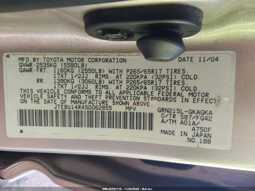 2005 Toyota 4Runner Sr5 V6 VIN: JTEBU14R450062855 Lot: 43761119