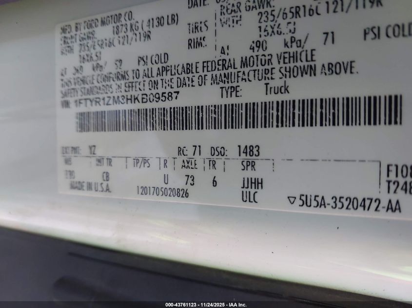 2017 Ford Transit-250 VIN: 1FTYR1ZM3HKB09587 Lot: 43761123