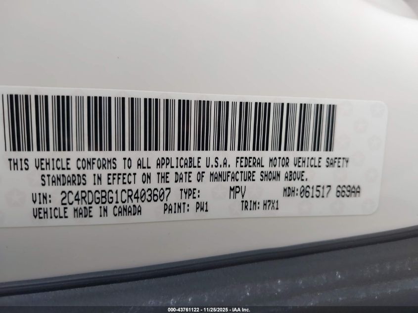 2012 Dodge Grand Caravan Se/Avp VIN: 2C4RDGBG1CR403607 Lot: 43761122