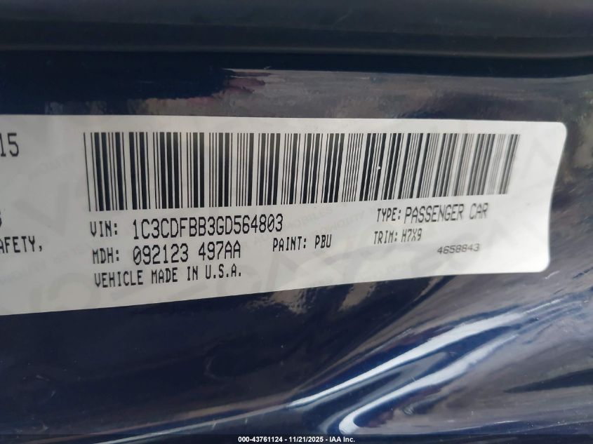 2016 Dodge Dart Sxt VIN: 1C3CDFBB3GD564803 Lot: 43761124