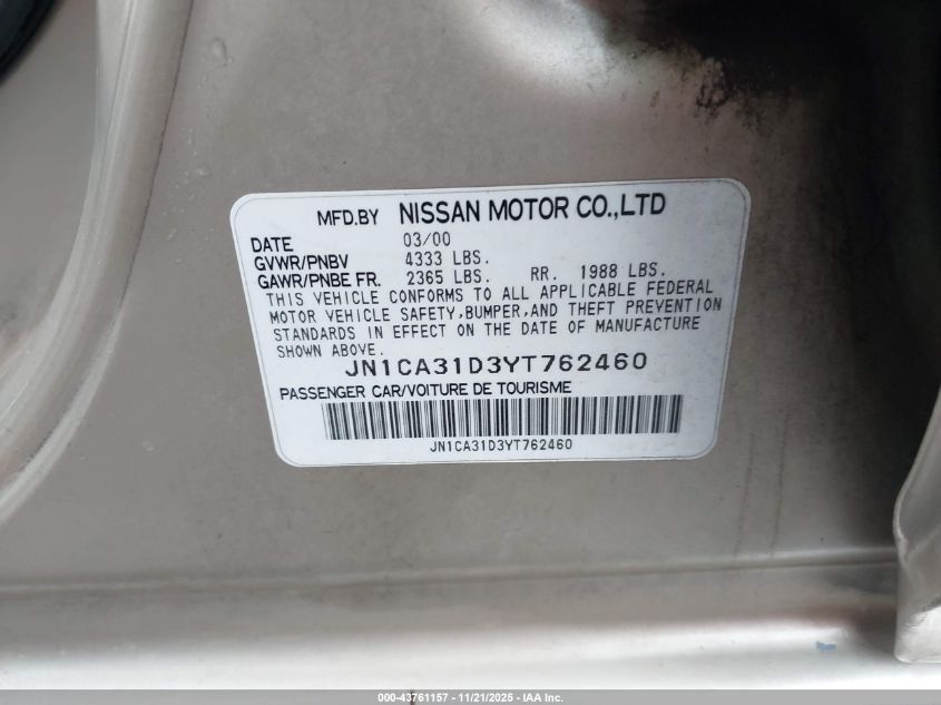 2000 Nissan Maxima Gle/Gxe/Se VIN: JN1CA31D3YT762460 Lot: 43761157