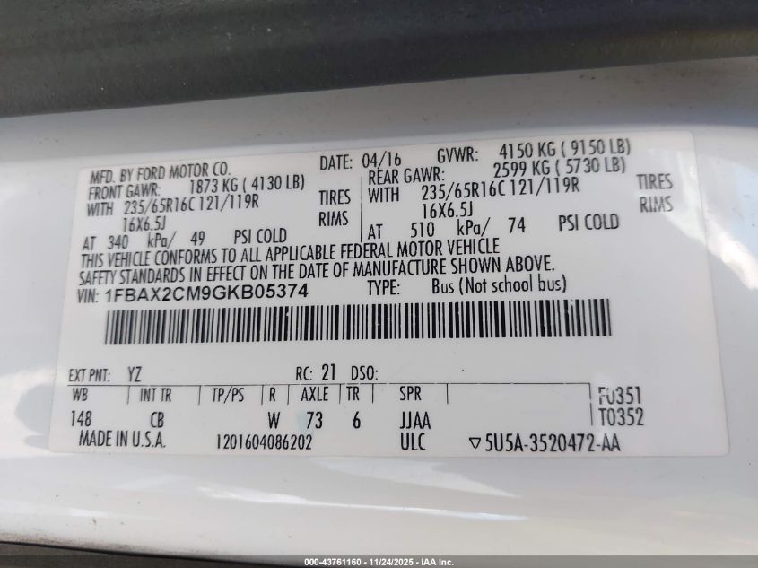 2016 Ford Transit-350 Xlt VIN: 1FBAX2CM9GKB05374 Lot: 43761160