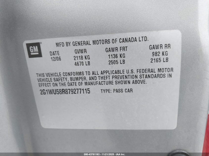 2007 Chevrolet Impala Ltz VIN: 2G1WU58R879277115 Lot: 43761163