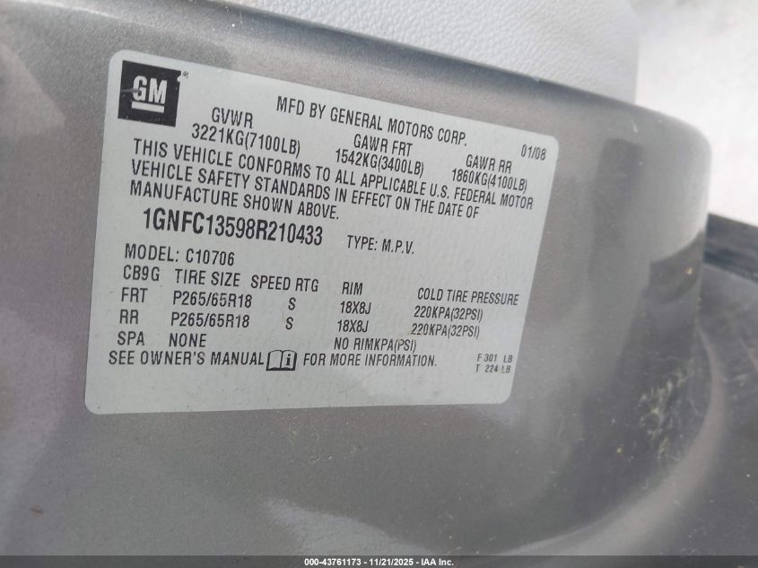 2008 Chevrolet Tahoe Hybrid VIN: 1GNFC13598R210433 Lot: 43761173