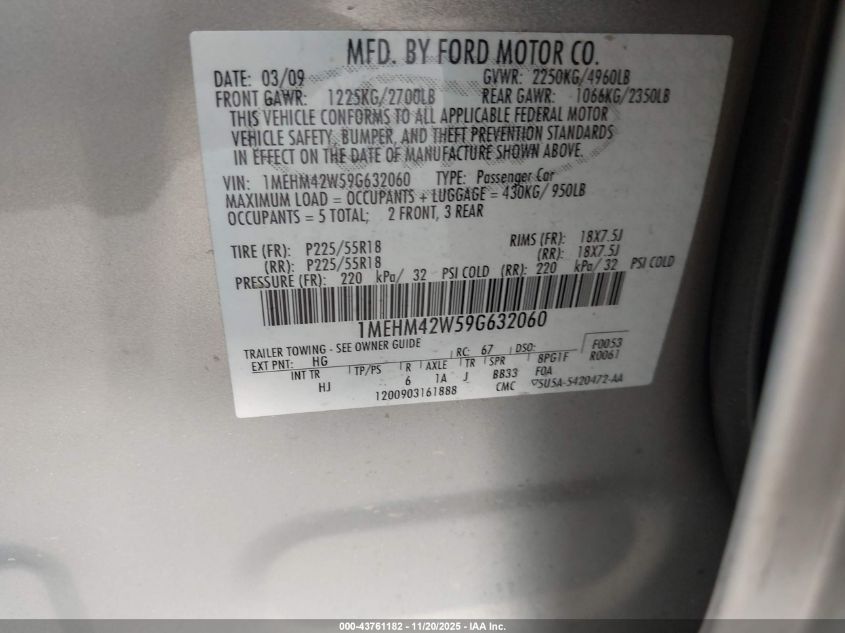 2009 Mercury Sable Premier VIN: 1MEHM42W59G632060 Lot: 43761182