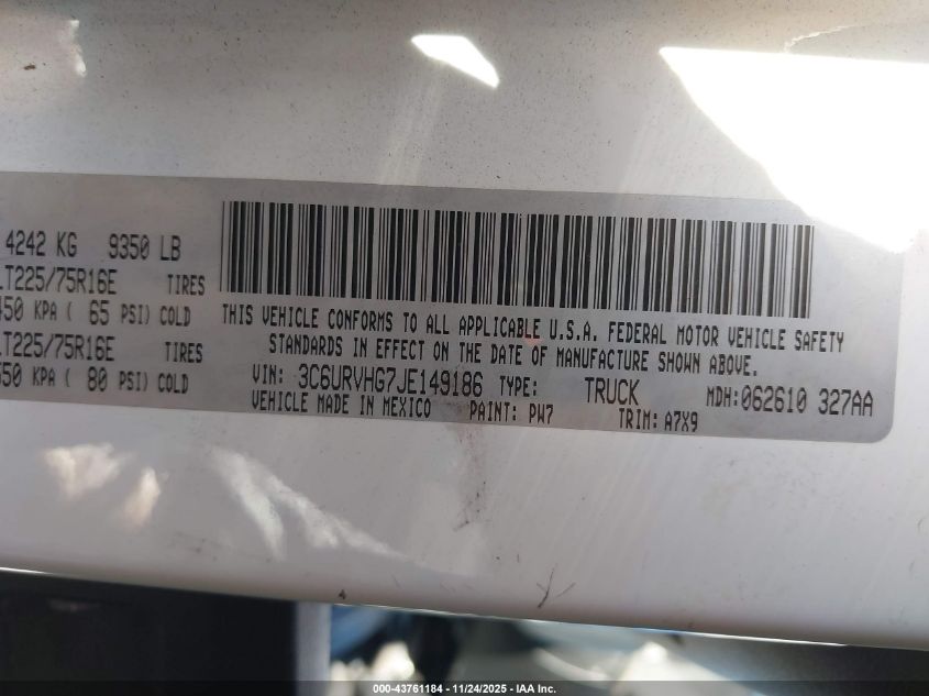 2018 Ram Promaster 3500 High Roof 159 Wb VIN: 3C6URVHG7JE149186 Lot: 43761184