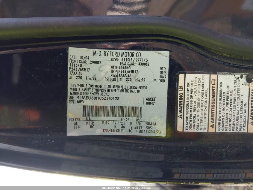 2005 Lincoln Aviator VIN: 5LMEU68H05ZJ10128 Lot: 43761187