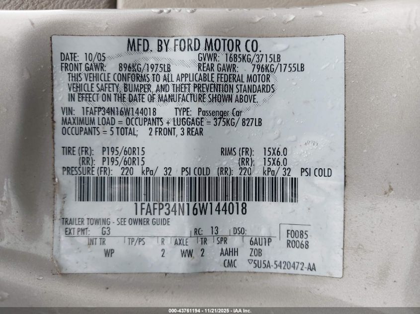 2006 Ford Focus Zx4 VIN: 1FAFP34N16W144018 Lot: 43761194