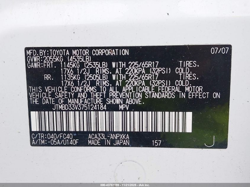 2007 Toyota Rav4 VIN: JTMBD33V375124184 Lot: 43761199