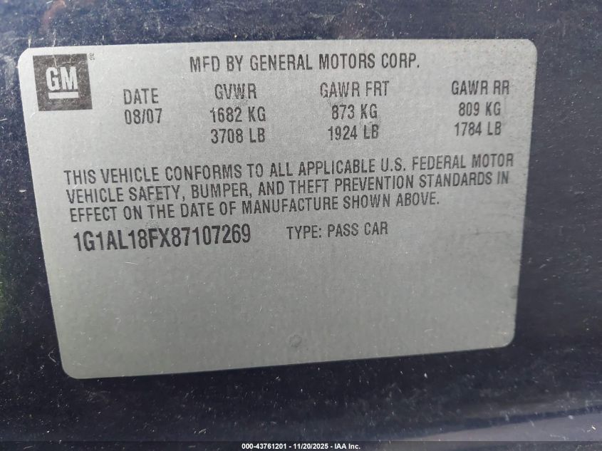 2008 Chevrolet Cobalt Lt VIN: 1G1AL18FX87107269 Lot: 43761201
