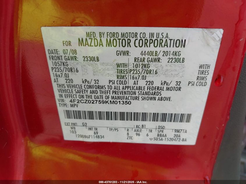 2009 Mazda Tribute I Grand Touring VIN: 4F2CZ02759KM01350 Lot: 43761203