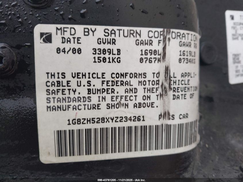 2000 Saturn Sl1 VIN: 1G8ZH528XYZ234261 Lot: 43761205