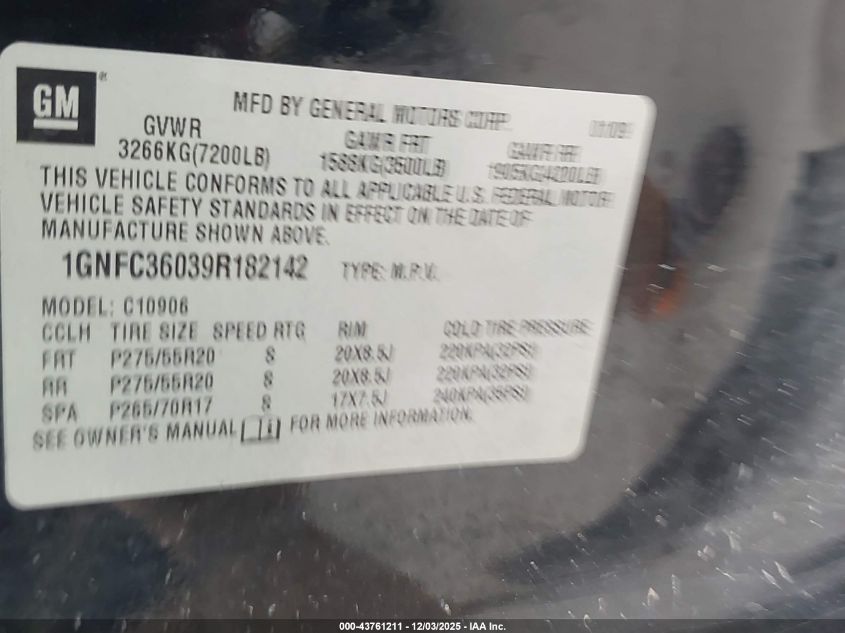 2009 Chevrolet Suburban 1500 Ltz VIN: 1GNFC36039R182142 Lot: 43761211