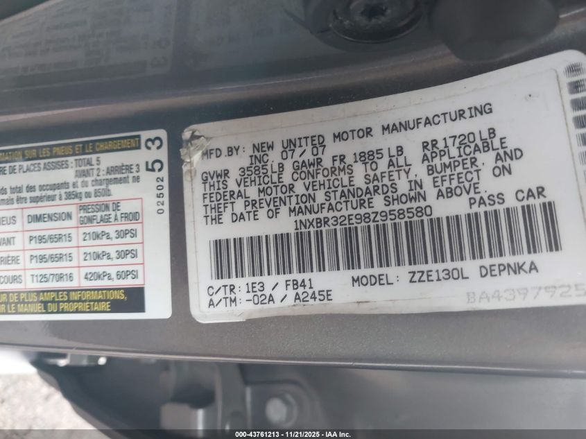 2008 Toyota Corolla Le VIN: 1NXBR32E98Z958580 Lot: 43761213