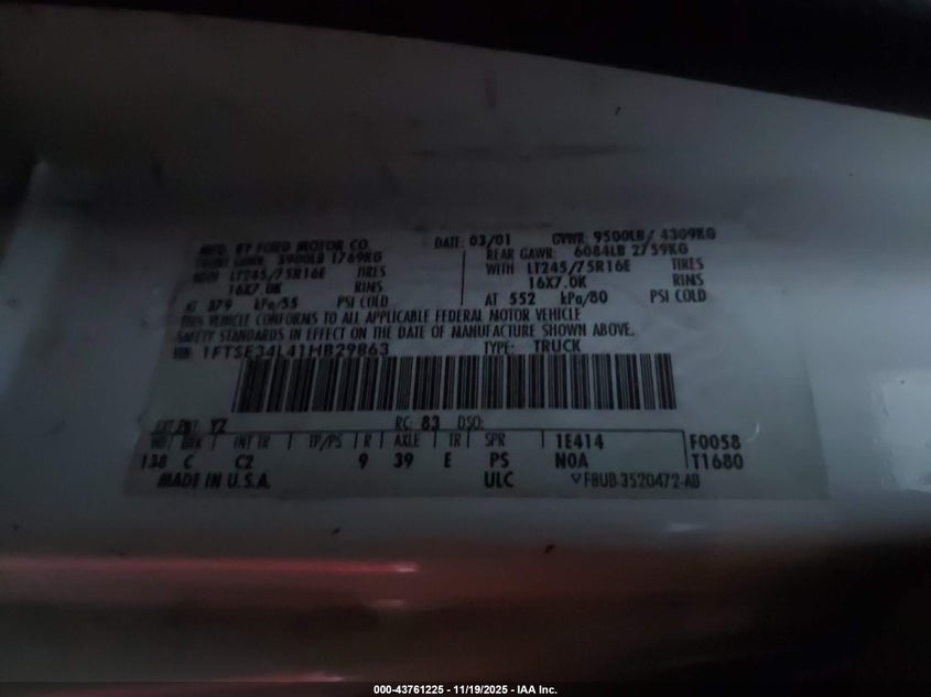 2001 Ford E-350 Super Duty Commercial/Recreational VIN: 1FTSE34L41HB29863 Lot: 43761225