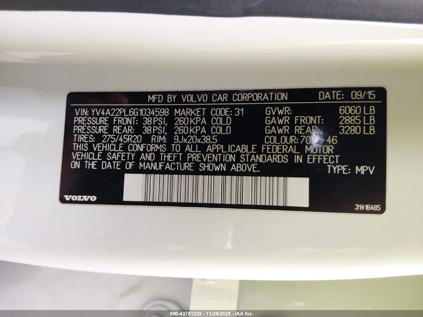 2016 Volvo Xc90 T6 Inscription VIN: YV4A22PL6G1034598 Lot: 43761228