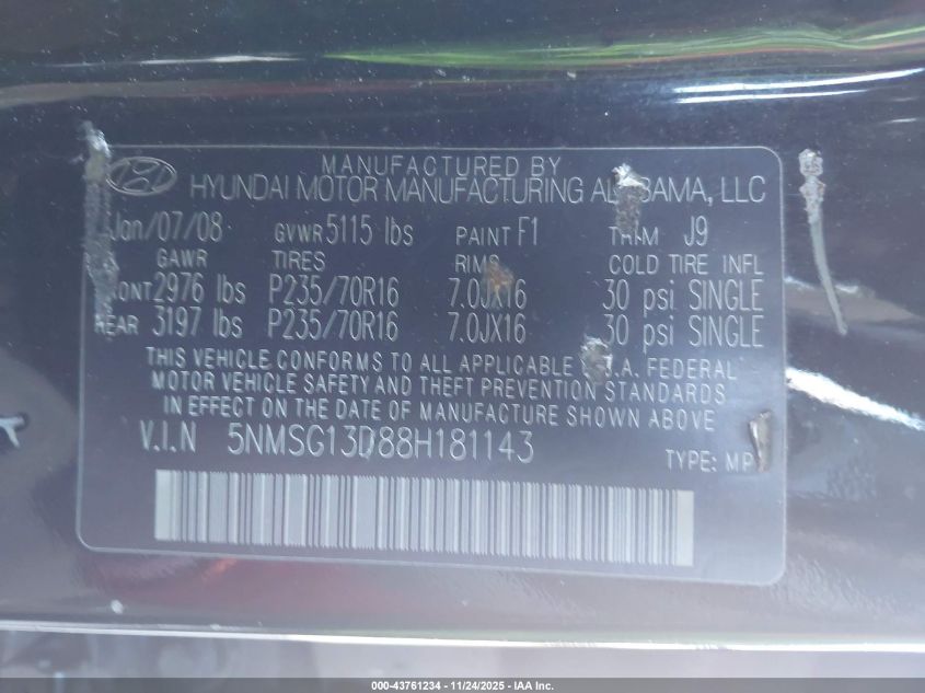 2008 Hyundai Santa Fe Gls VIN: 5NMSG13D88H181143 Lot: 43761234