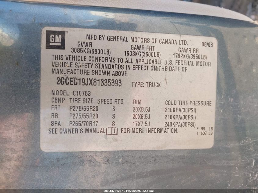 2008 Chevrolet Silverado 1500 Lt1 VIN: 2GCEC19JX81335393 Lot: 43761237