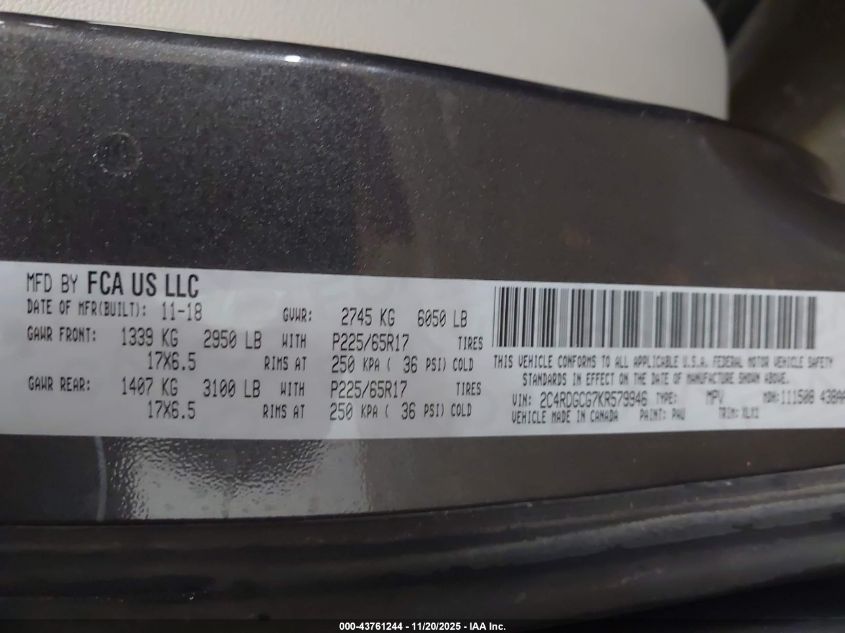 2019 Dodge Grand Caravan Sxt VIN: 2C4RDGCG7KR579946 Lot: 43761244