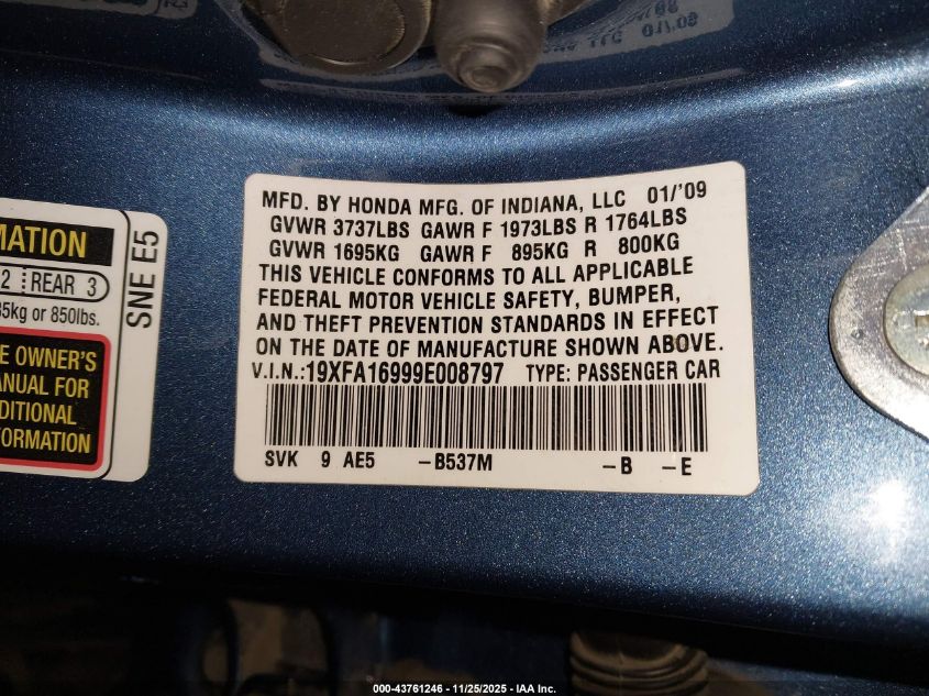 2009 Honda Civic Exl VIN: 19XFA16999E008797 Lot: 43761246