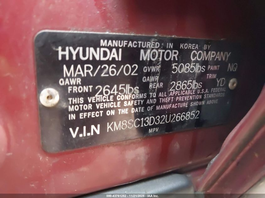 2002 Hyundai Santa Fe Gls/Lx VIN: KM8SC13D32U266852 Lot: 43761252