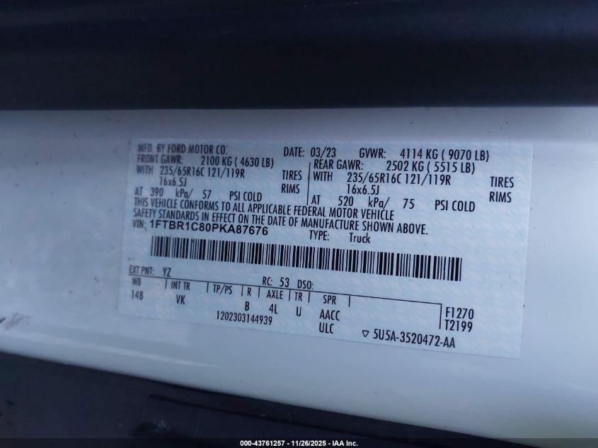 2023 Ford Transit-250 VIN: 1FTBR1C80PKA87676 Lot: 43761257