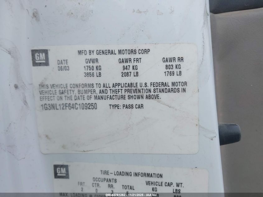 2004 Oldsmobile Alero Gl1 VIN: 1G3NL12F64C109250 Lot: 43761262