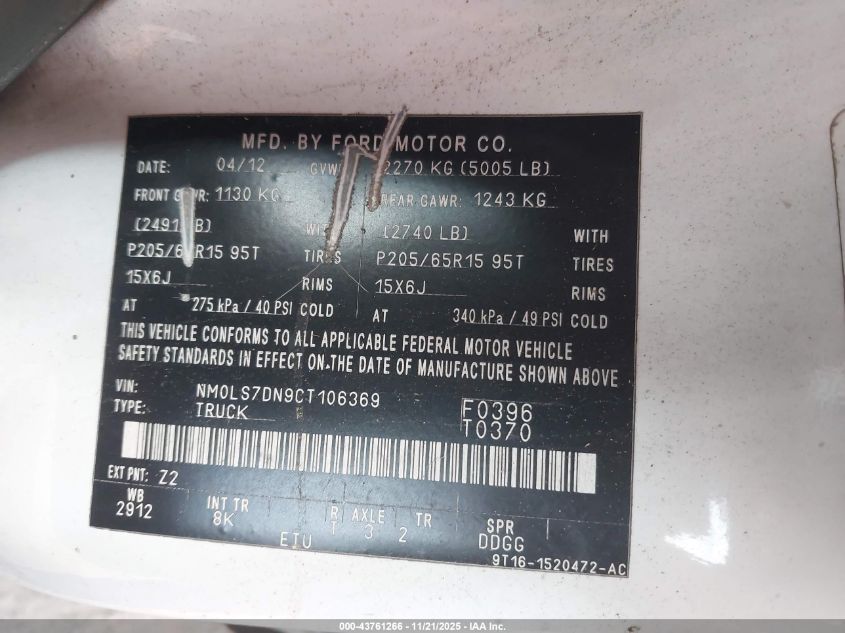 2012 Ford Transit Connect Xlt VIN: NM0LS7DN9CT106369 Lot: 43761266