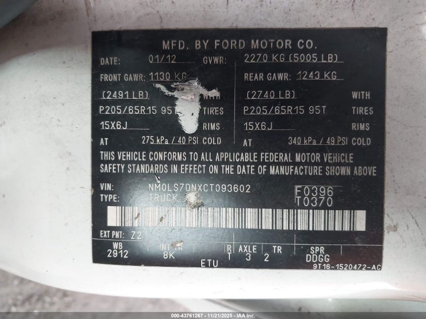 2012 Ford Transit Connect Xlt VIN: NM0LS7DNXCT093602 Lot: 43761267