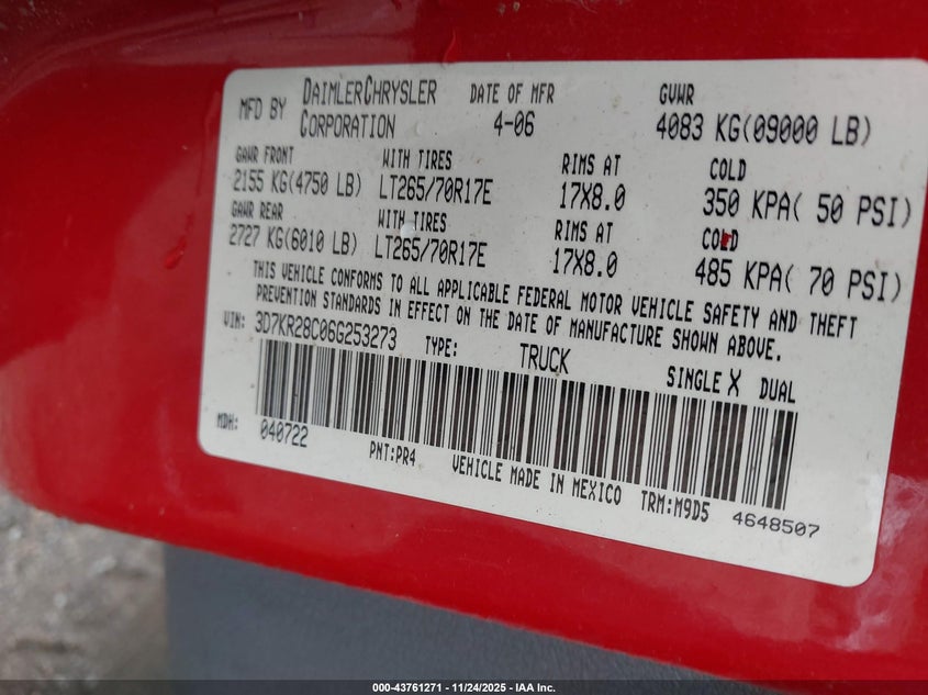 2006 Dodge Ram 2500 Slt/Sport VIN: 3D7KR28C06G253273 Lot: 43761271