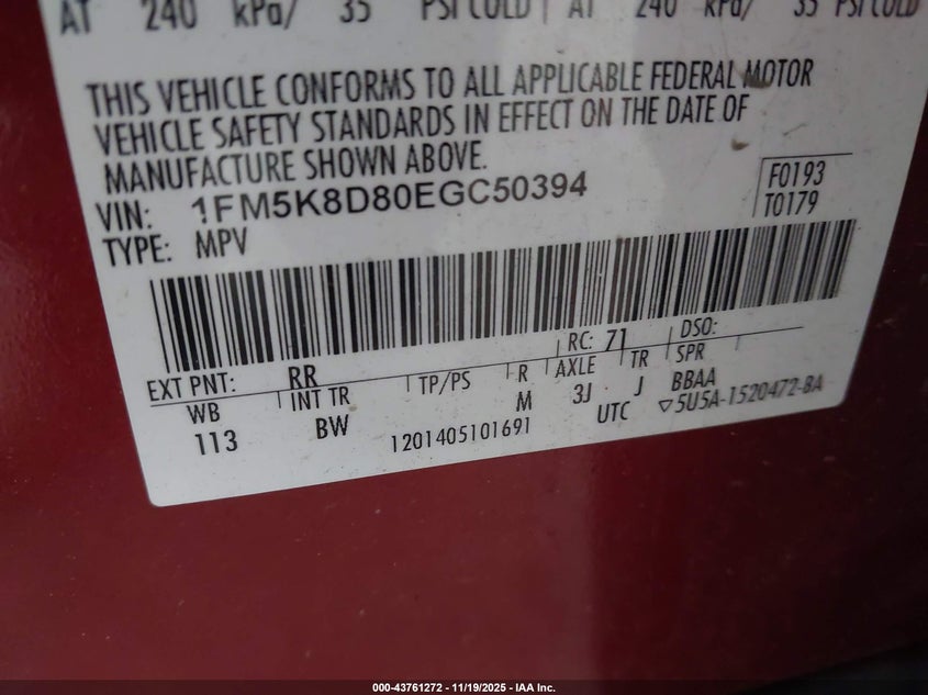 1FM5K8D80EGC50394 2014 FORD EXPLORER photo no. 9