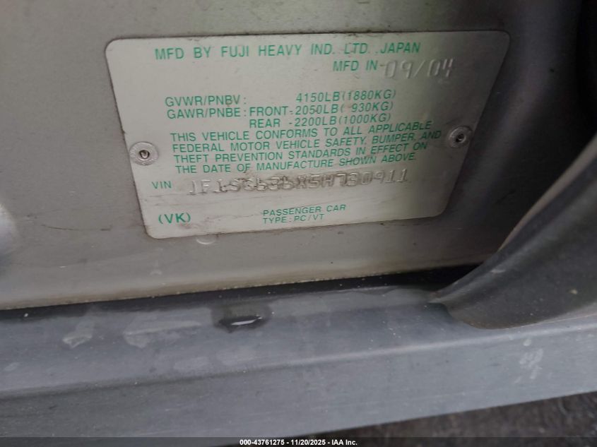 2005 Subaru Forester 2.5X VIN: JF1SG636X5H730911 Lot: 43761275