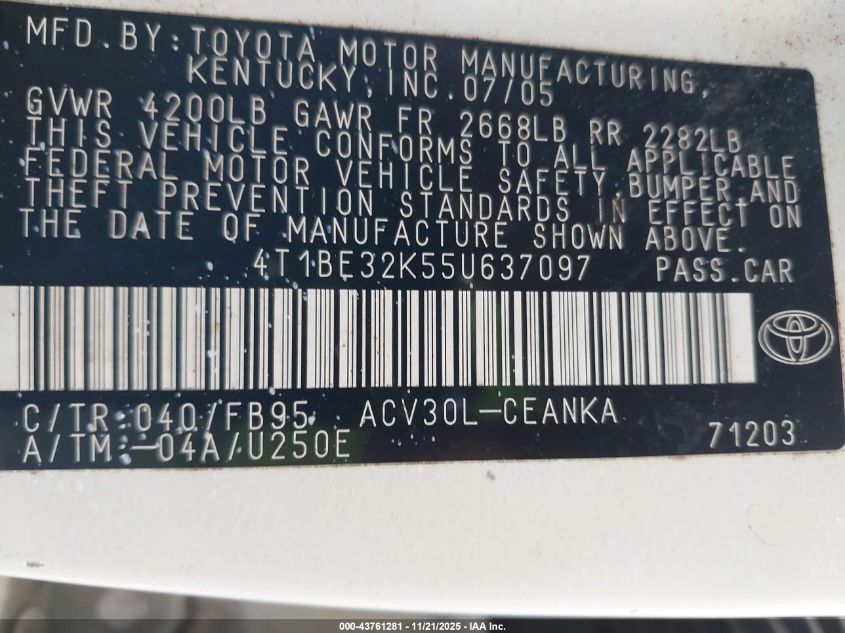 2005 Toyota Camry Le VIN: 4T1BE32K55U637097 Lot: 43761281