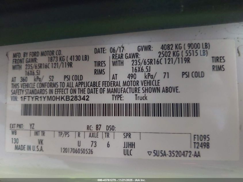 2017 Ford Transit-250 VIN: 1FTYR1YM0HKB28342 Lot: 43761279