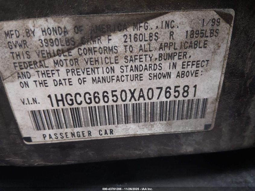 1999 Honda Accord Lx VIN: 1HGCG6650XA076581 Lot: 43761286