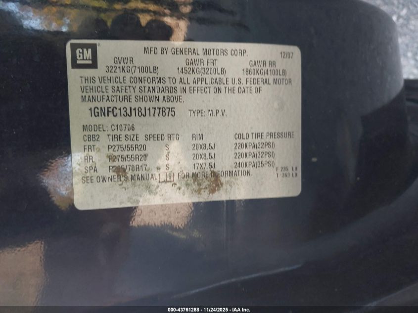 2008 Chevrolet Tahoe Lt VIN: 1GNFC13J18J177875 Lot: 43761288