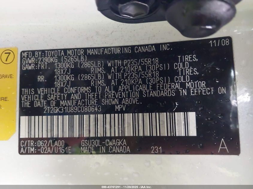 2009 Lexus Rx 350 VIN: 2T2GK31U89C080643 Lot: 43761291