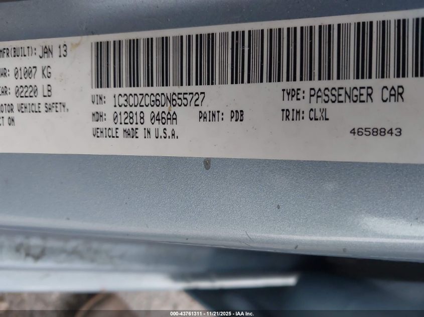 2013 Dodge Avenger Sxt VIN: 1C3CDZCG6DN655727 Lot: 43761311