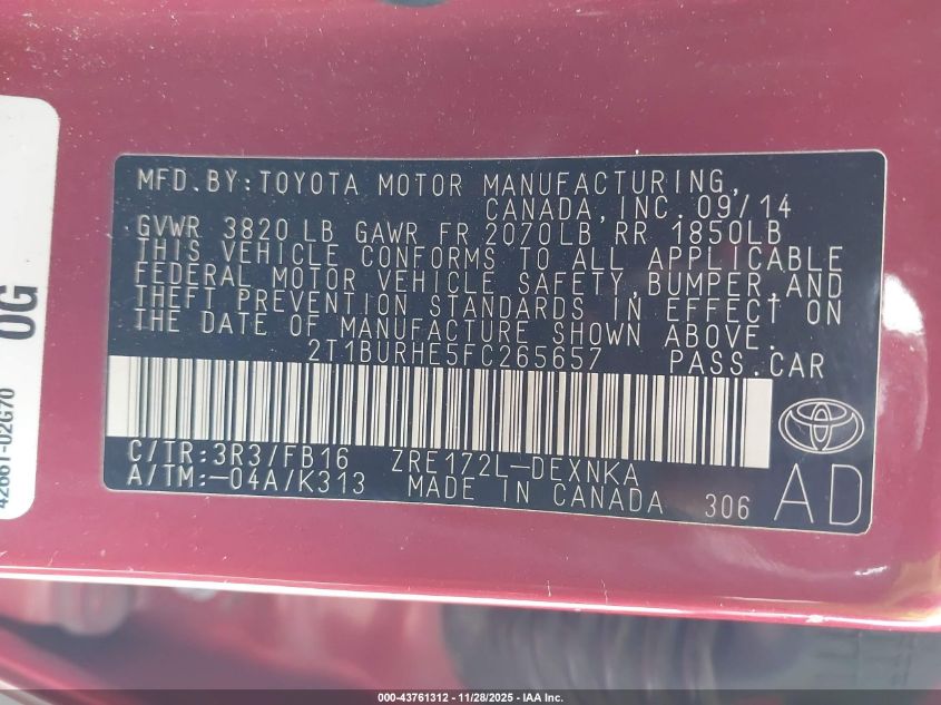 2015 Toyota Corolla Le VIN: 2T1BURHE5FC265657 Lot: 43761312