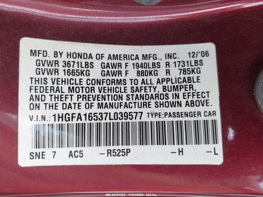1HGFA16537L039577 2007 HONDA CIVIC photo no. 9