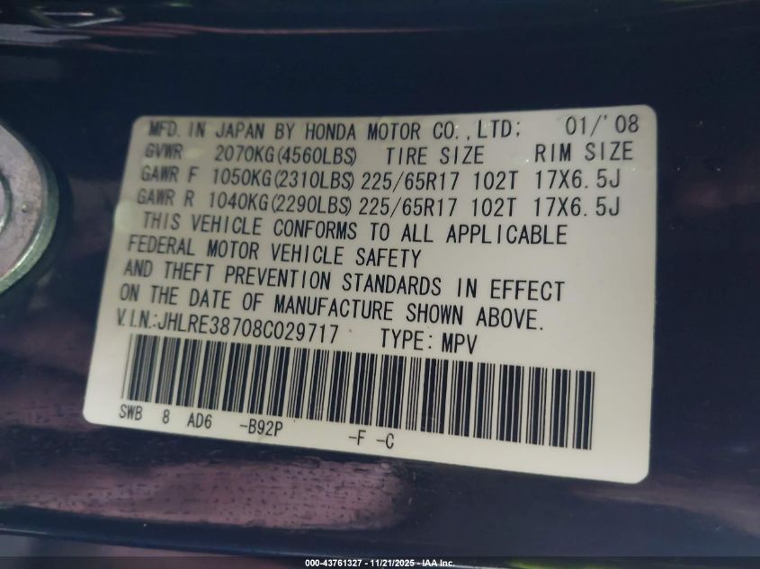 2008 Honda Cr-V Ex-L VIN: JHLRE38708C029717 Lot: 43761327