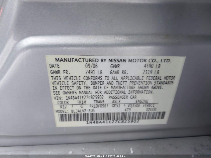 2007 Nissan Maxima 3.5 Se VIN: 1N4BA41E27C825902 Lot: 43761328