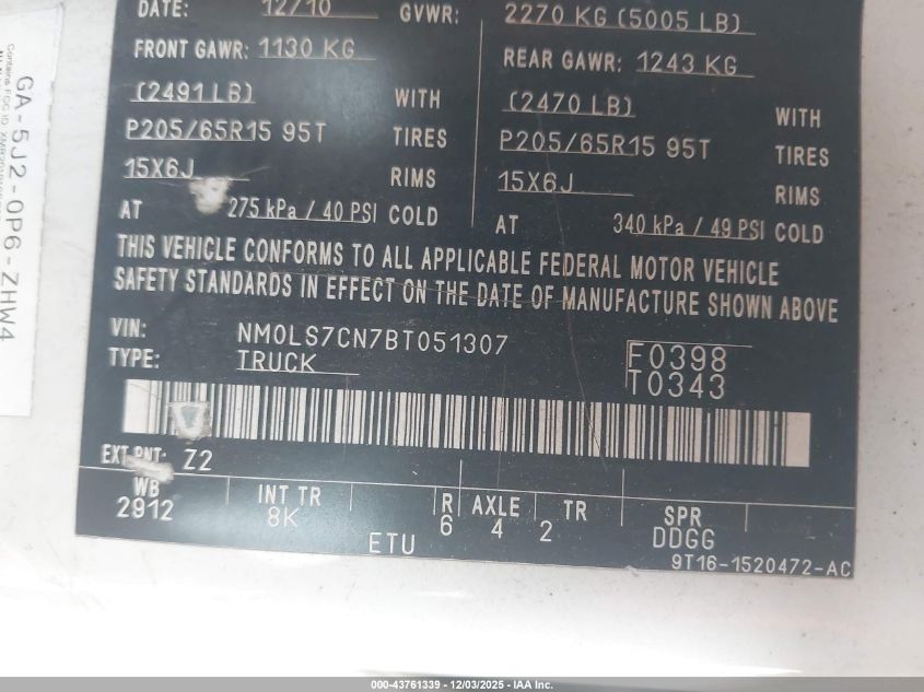 2011 Ford Transit Connect Xl VIN: NM0LS7CN7BT051307 Lot: 43761339