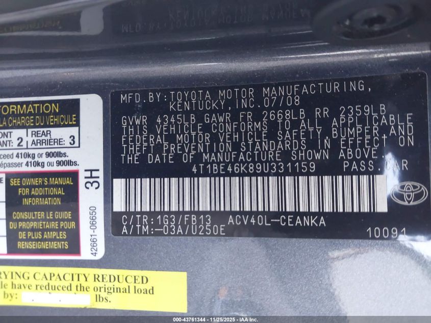 2009 Toyota Camry Le VIN: 4T1BE46K89U331159 Lot: 43761344