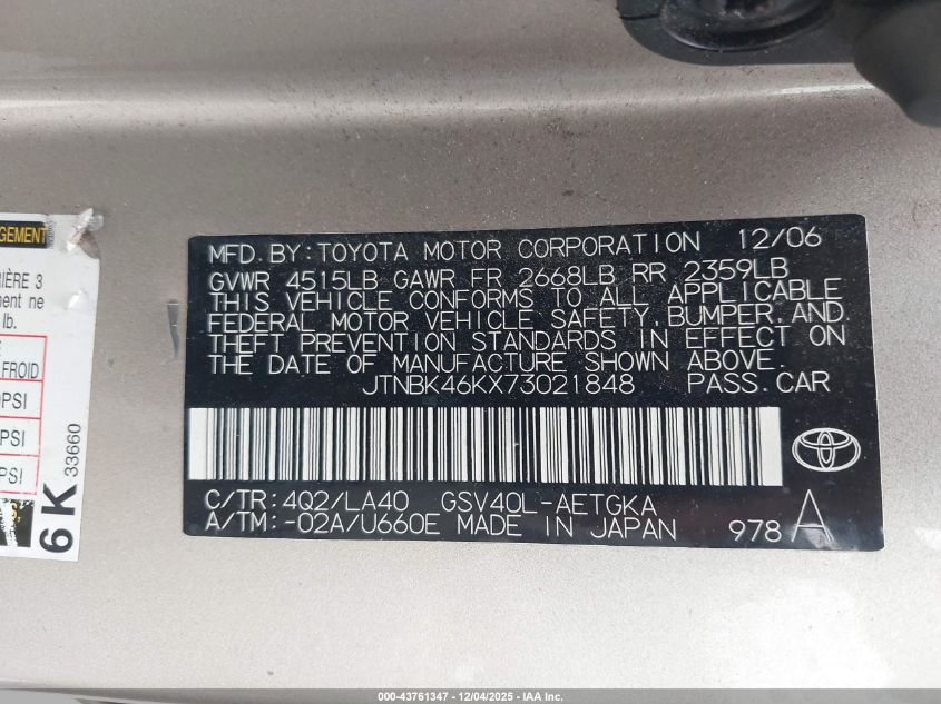 2007 Toyota Camry Xle V6 VIN: JTNBK46KX73021848 Lot: 43761347