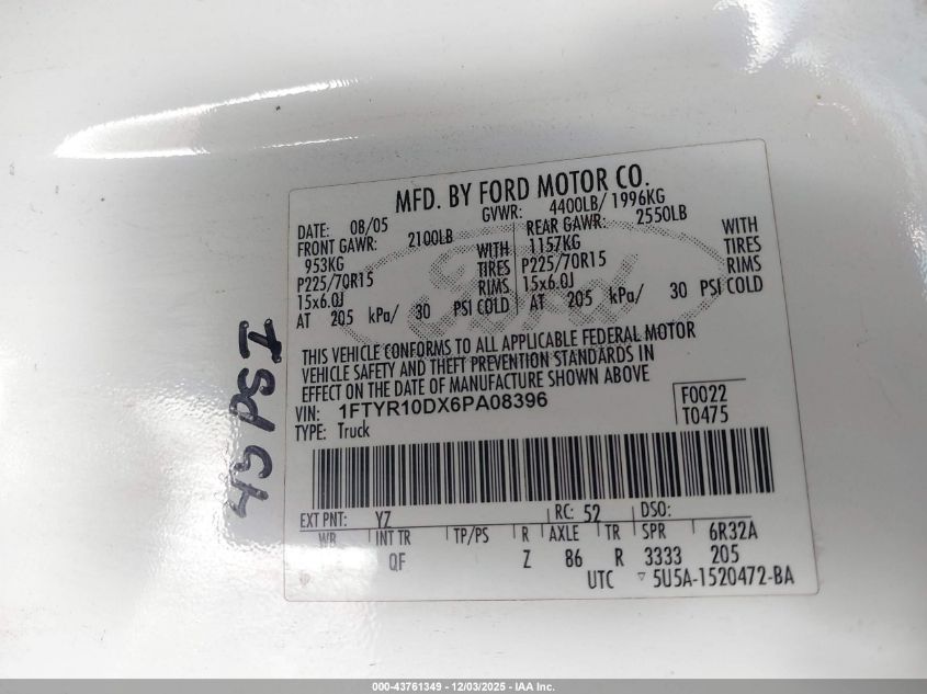 2006 Ford Ranger Xl/Xlt VIN: 1FTYR10DX6PA08396 Lot: 43761349