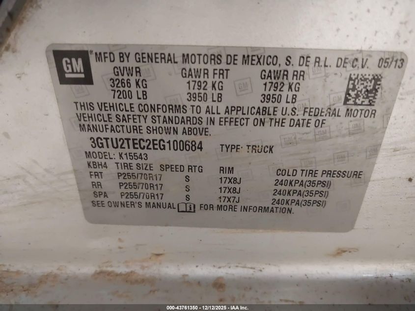 2014 GMC Sierra 1500 VIN: 3GTU2TEC2EG100684 Lot: 43761350
