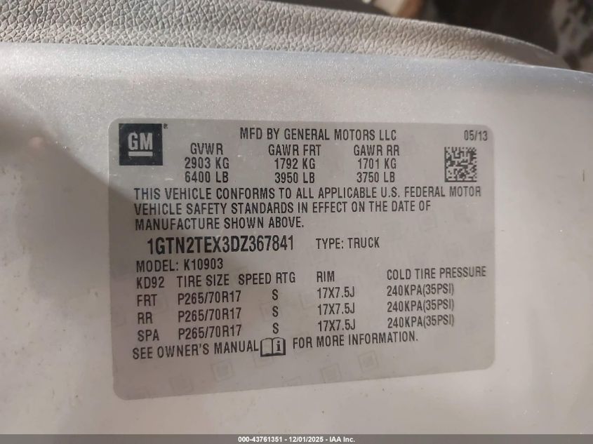2013 GMC Sierra 1500 Work Truck VIN: 1GTN2TEX3DZ367841 Lot: 43761351