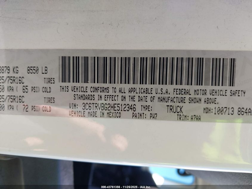 2017 Ram Promaster 1500 High Roof 136 Wb VIN: 3C6TRVBG2HE512346 Lot: 43761356