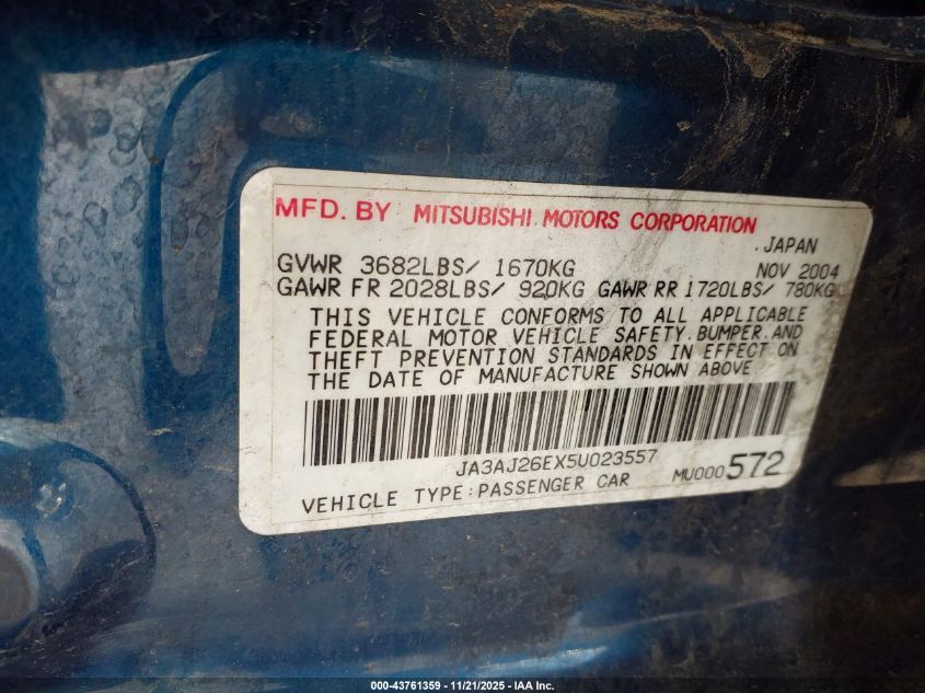 2005 Mitsubishi Lancer Es VIN: JA3AJ26EX5U023557 Lot: 43761359